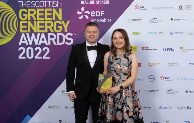 Photo of Steven and Fiona Lindsay of ReBlade with their Judges Award from the Scottish Green Energy Awards